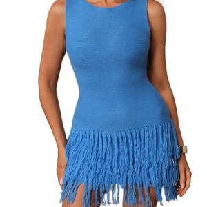 Women's Fringe Sleeveless Mini Dress Crew Neck Bodycon Knit Party Club Dresses