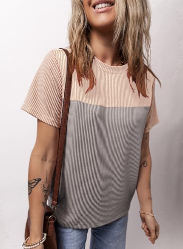 Womens Color Block Fashion Short Sleeve Crewneck Knitted Spring Summer Casual Loose T Shirts Tops