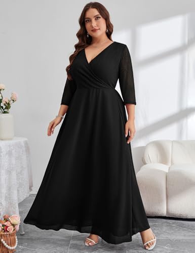 Plus Size Maxi Formal Dress Lace Chiffon Floral V-Neck Wrap Wedding Guest Evening Gown Cocktail Prom 3/4 Sleeves