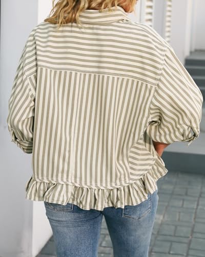 51-VldvNucL.jpg Womens Summer Tops Dressy Casual Blouse Top Ruffled Short Sleeve Button Down Striped Shirt