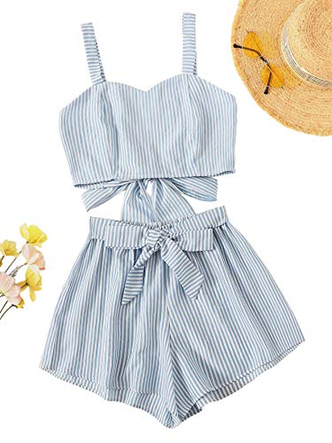 Women's 2 Piece Outfits Summer Sleeveless Tie Back Crop Cami Top and Shorts Set