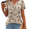 Womens Short Sleeve Tops Summer Henley V-Neck Tshirts Casual Pleated Blouse Dressy Loose Floral Basic Tee