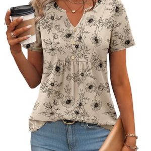 Womens Short Sleeve Tops Summer Henley V-Neck Tshirts Casual Pleated Blouse Dressy Loose Floral Basic Tee