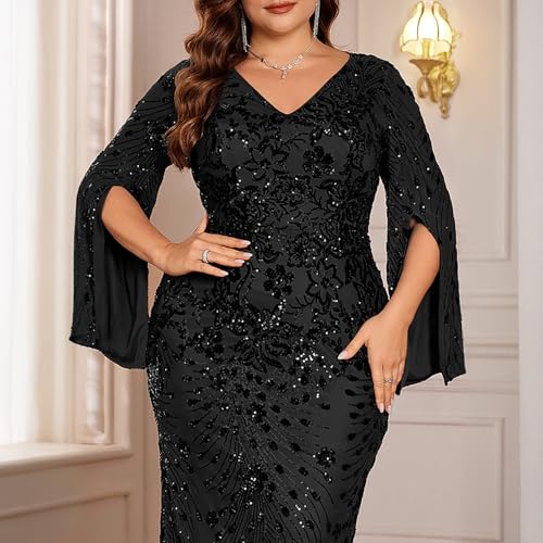 Plus Size Formal Dresses for Women with Embroidery Sequin and Cape Sleeve, V-Neck Maxi Dress for Wedding and Party