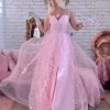 Lace Applique Tulle Prom Dresses for Women 2025 Spaghetti Straps Ball Gown Formal Evening Party Gown with Slit