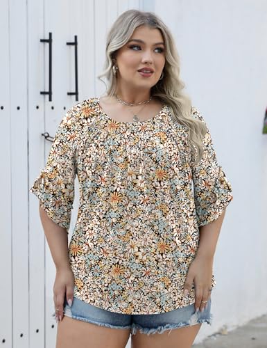 Womens Plus Size Tops 3/4 Ruffle Sleeve Shirts Crewneck Pleated Blouses Dressy Casual Fashion Tunic Top (1X-5X)