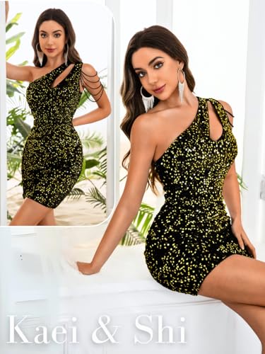 Sequin Velvet Prom Dress,Cut Out One Shoulder Short Formal Dresses,Sparkly Outfits Women HOCO Birthday Cocktail