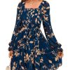 Womens Boho Long Sleeve Mini Dress Floral Square Neck Smocked A-Line Flowy Short Fall Wedding Guest Dresses