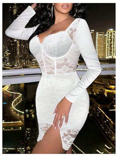 Women's Lace Sheer Bodycon Mini Dresses Long Sleeve Sexy Club Night Out Party Dress