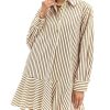Womens Striped Shirt Mini Dress Long Sleeve Collared Ruffle Hem Button Up Tunic Flowy Swing Dresses