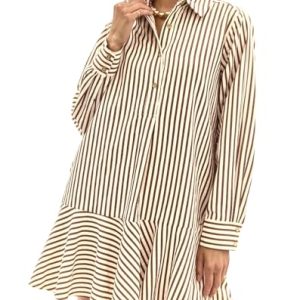 Womens Striped Shirt Mini Dress Long Sleeve Collared Ruffle Hem Button Up Tunic Flowy Swing Dresses