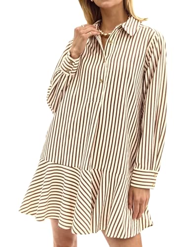 Womens Striped Shirt Mini Dress Long Sleeve Collared Ruffle Hem Button Up Tunic Flowy Swing Dresses