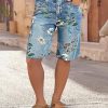 High Waisted Bermuda Shorts for Women Knee Length Floral Print Stretchy Summer Denim Shorts Trendy