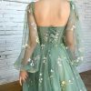 Women's Puffy Sleeve Prom Dresses Fair Flower Embroidery Tulle Green Formal Evening Party Gowns