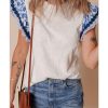 Womens Summer Ruffle Short Sleeve Top Crewneck T Shirts Floral Trim Casual Blouses
