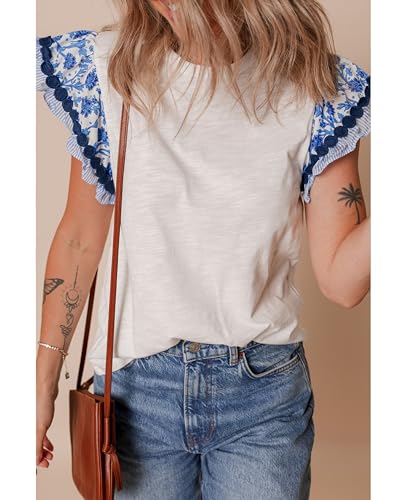 Womens Summer Ruffle Short Sleeve Top Crewneck T Shirts Floral Trim Casual Blouses