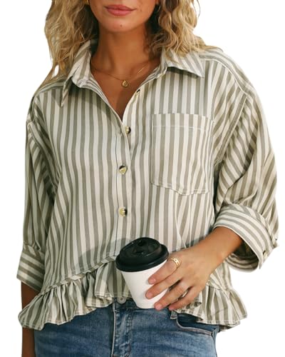 51HW-w47JpL.jpg Womens Summer Tops Dressy Casual Blouse Top Ruffled Short Sleeve Button Down Striped Shirt