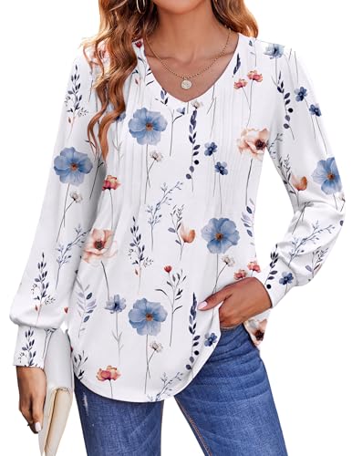Women's Puff Long Sleeve Shirts Pleated V Neck Fall Tunic Tops Blouse Dressy Casual Loose Summer T-Shirts