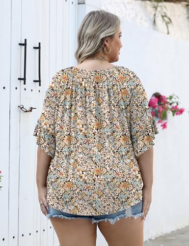Womens Plus Size Tops 3/4 Ruffle Sleeve Shirts Crewneck Pleated Blouses Dressy Casual Fashion Tunic Top (1X-5X)