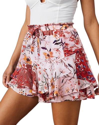 Flowy Shorts for Women Casual Cute Floral Skorts Chiffon Ruffle Tennis Mini Skirts Butterfly Summer Boho Shorts