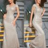 Women's V Neck Sequin Formal Evening Dress Tassel Bead Sleeve Mermaid Long Gown 1920S Party Maxi Military Dress