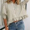51SI6T6DiGL.jpg Womens Summer Tops Dressy Casual Blouse Top Ruffled Short Sleeve Button Down Striped Shirt