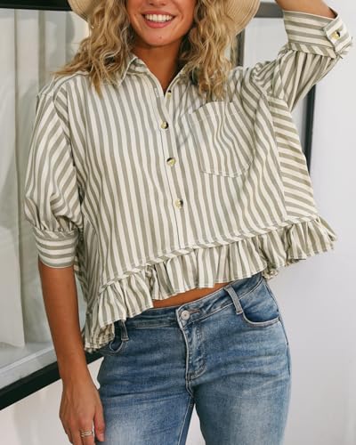 51SI6T6DiGL.jpg Womens Summer Tops Dressy Casual Blouse Top Ruffled Short Sleeve Button Down Striped Shirt