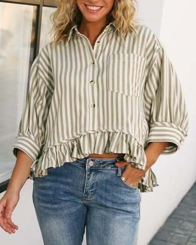 51TzAPmSEFL.jpg Womens Summer Tops Dressy Casual Blouse Top Ruffled Short Sleeve Button Down Striped Shirt