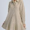Womens Striped Shirt Mini Dress Long Sleeve Collared Ruffle Hem Button Up Tunic Flowy Swing Dresses