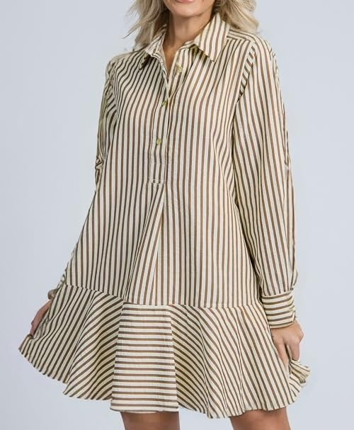 Womens Striped Shirt Mini Dress Long Sleeve Collared Ruffle Hem Button Up Tunic Flowy Swing Dresses