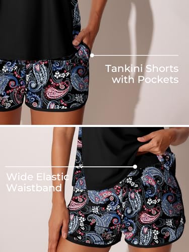 Blouson Tankini Swimsuits for Women 2025 Tummy Control Two Piece Bathing Suits with Sporty Pockets Swim Shorts