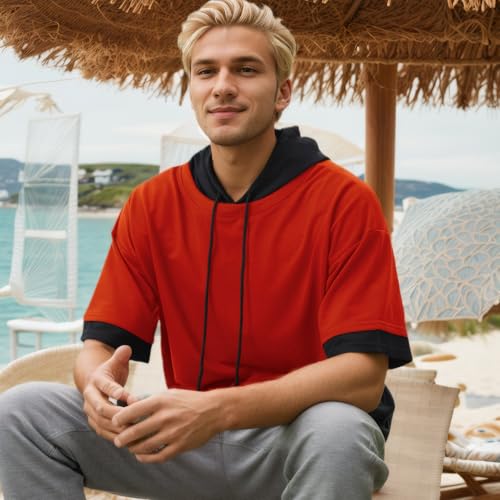 Mens Short Sleeve Hoodie Soft Cotton Color Block Moisture Wicking Big Pocket Streetwear Short Sleeve Sweatshirt