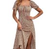 Women's Floral Summer Casual Dress Square Neck Puff Sleeve Boho Midi Dresses Ruched Bust High Waist Split Long Dress