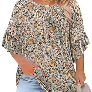 Womens Plus Size Tops 3/4 Ruffle Sleeve Shirts Crewneck Pleated Blouses Dressy Casual Fashion Tunic Top (1X-5X)