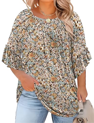 Womens Plus Size Tops 3/4 Ruffle Sleeve Shirts Crewneck Pleated Blouses Dressy Casual Fashion Tunic Top (1X-5X)