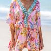 Women's Mini Dress V Neck Floral Half Dolman Sleeve Belted Loose Fit Short Summer Beach Dress