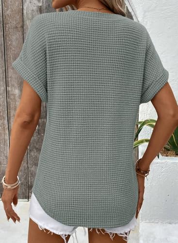 Womens Waffle Knit Tops 2025 Fall Summer V Neck Shirts Casual Trendy Women's Blouses Basic Tee