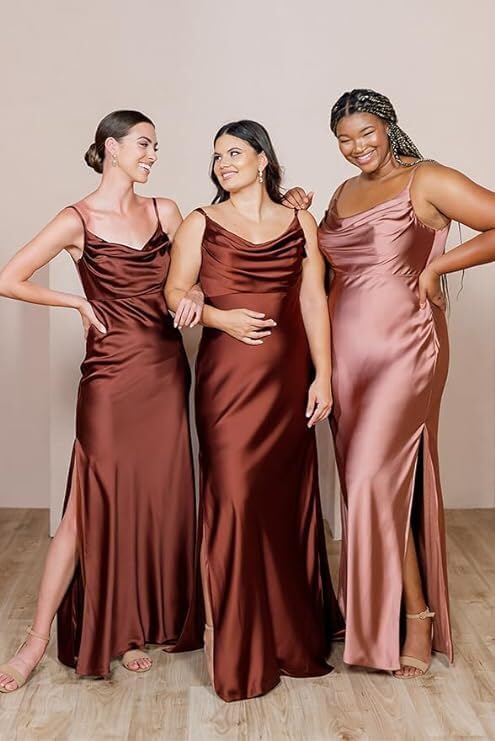 Ruched Satin Bridesmaid Dresses with Slit for Women Spaghetti Strap Long Prom Dress Cowl Neck Wedding Guest Dress