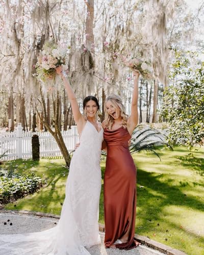 Ruched Satin Bridesmaid Dresses with Slit for Women Spaghetti Strap Long Prom Dress Cowl Neck Wedding Guest Dress