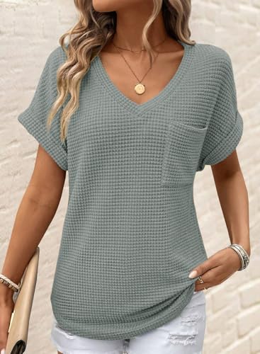 Womens Waffle Knit Tops 2025 Fall Summer V Neck Shirts Casual Trendy Women's Blouses Basic Tee