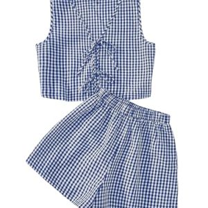 Women's Summer 2 Piece Outfits Plaid Print Sleeveless Tie Front Tank Top Vest Shorts Beach Vacation Set