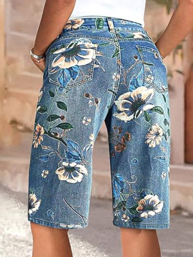 High Waisted Bermuda Shorts for Women Knee Length Floral Print Stretchy Summer Denim Shorts Trendy