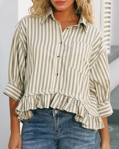 51n2dY2Bi3L.jpg Womens Summer Tops Dressy Casual Blouse Top Ruffled Short Sleeve Button Down Striped Shirt
