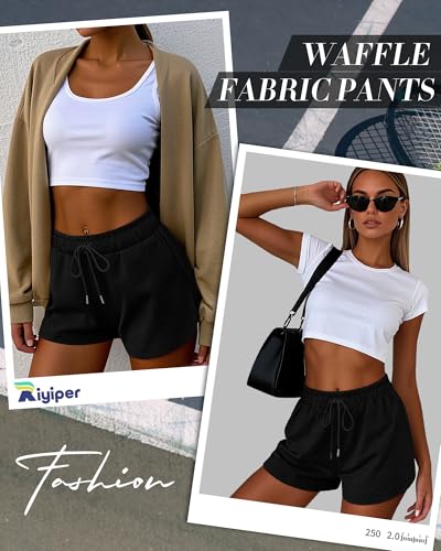 3 Pack Women's Waffle Knit Shorts Cotton Drawstring Lounge Summer Comfy Casual Shorts with Pockets