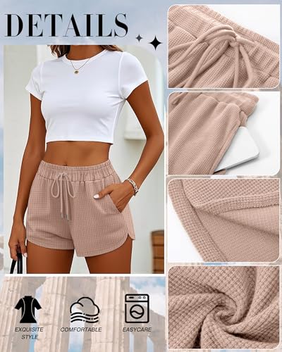3 Pack Women's Waffle Knit Shorts Cotton Drawstring Lounge Summer Comfy Casual Shorts with Pockets