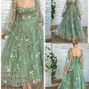 Women's Puffy Sleeve Prom Dresses Fair Flower Embroidery Tulle Green Formal Evening Party Gowns