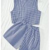 Women's Summer 2 Piece Outfits Plaid Print Sleeveless Tie Front Tank Top Vest Shorts Beach Vacation Set