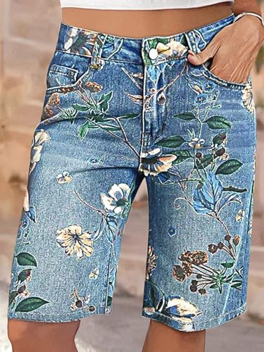 High Waisted Bermuda Shorts for Women Knee Length Floral Print Stretchy Summer Denim Shorts Trendy