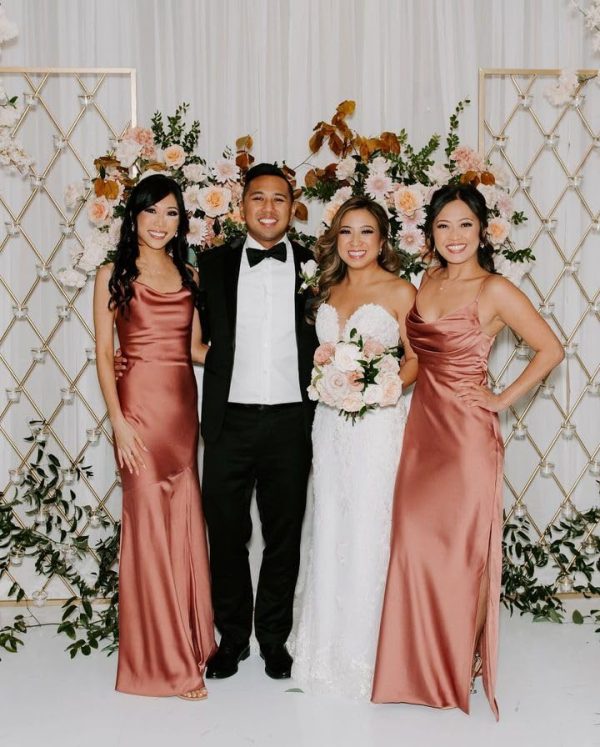 Ruched Satin Bridesmaid Dresses with Slit for Women Spaghetti Strap Long Prom Dress Cowl Neck Wedding Guest Dress