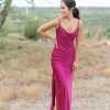 Ruched Satin Bridesmaid Dresses with Slit for Women Spaghetti Strap Long Prom Dress Cowl Neck Wedding Guest Dress